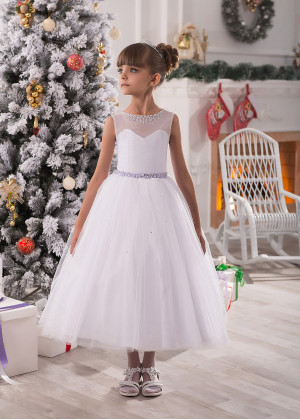 Beaded Illusion Neck White Tulle Tea Length Flower Girl Dress